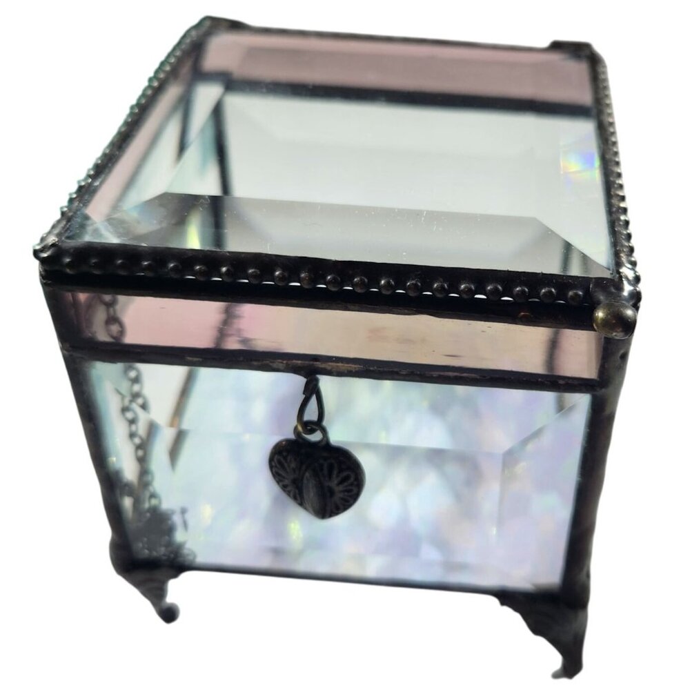 Trinket box J. Devlin Glass Art Hinged Lid Heart Charm pink clear valentine